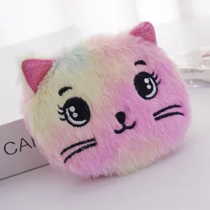 Portamonete a forma di gatto in morbido peluche arcobaleno con dettagli ricamati