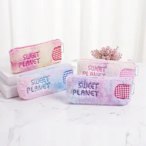 Large capacity tie-dye plush pencil bag with Sweet Planet embroidery for students