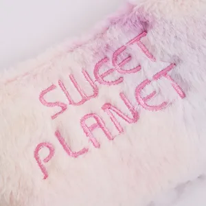 Colorful plush tie-dye pencil case with pink 'SWEET PLANET' embroidery for students.