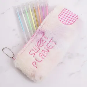 Cute plush tie-dye pencil case with Sweet Planet embroidery and large capacity for students