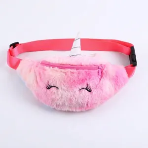 Colorful plush unicorn fanny pack for kids featuring an adjustable waist strap for girls