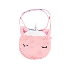 Sac à bandoulière licorne en peluche rose pour enfants avec fourrure douce et corne