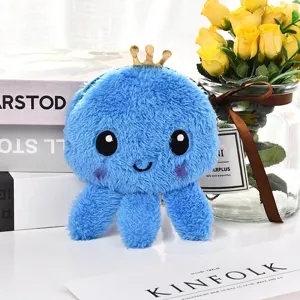 Entzückende blaue Plüsch-Oktopus-Geldbörse mit Goldkrone für Kopfhörerkabel-Aufbewahrung