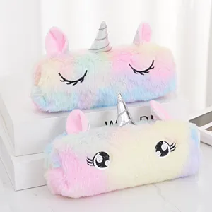 Süßes Regenbogen Plüsch Einhorn Federmäppchen und Kosmetiktasche für Schüler und Mädchen