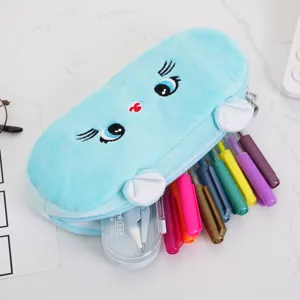 Leuke blauwe pluche kattenpennenzak met grote capaciteit en borduurwerk voor kinderen