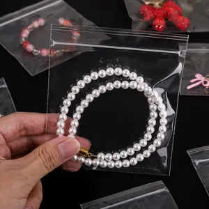 Detail of transparent self-sealing plastic jewelry storage bag with zip-lock closure