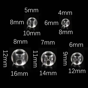Set of clear acrylic large-hole round beads with precise dimension labels for jewelry making