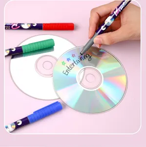 Detailed view of quick-drying needle-point marker pen writing on a CD surface