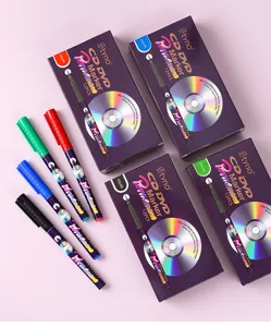 Close-up detail of four-color quick-dry waterproof permanent markers and retail packaging