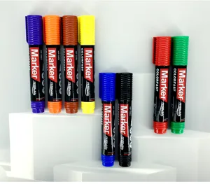 Detailed display of 8 vibrant colors of refillable and waterproof permanent marker pens