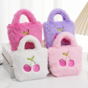 Schattige Pluche Handtas Voor Kinderen Mini Schoudertas Met Kers Bloem Strik Borduurwerk Zoete Portemonnee Voor Meisjes