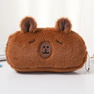 Detailed view of a brown plush capybara pencil case with soft furry texture.