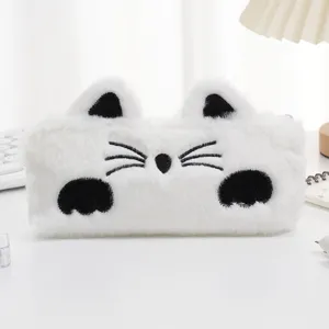 Detailed view of a fluffy white cat pencil case made of soft and plush faux fur material.