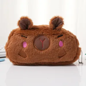 Cute plush Capybara pencil case with soft brown fur and embroidered face details