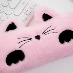 Close-up of pink faux fur cat pencil case showing soft texture and cute embroidery