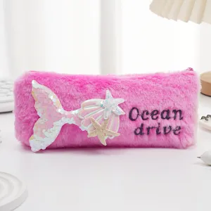 Estuche de peluche de sirena rosa con lentejuelas y bordado Ocean Drive para estudiantes.