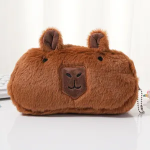 Close-up of cute brown Capybara plush pencil case showing soft furry texture and ears