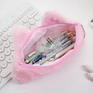 Close-up interior view showing large capacity of the pink plush cat ears pencil case