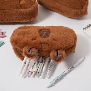 Close-up of a cute plush Capybara pencil case showing large capacity storage for pens