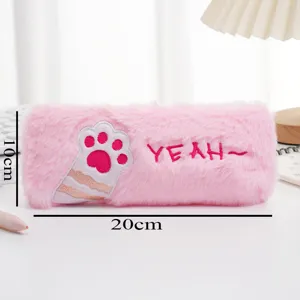 Close-up of a pink plush pencil case featuring cute cat paw embroidery and size labels.