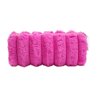 Estuche para lápices a rayas de felpa rosa intenso de gran capacidad con piel sintética
