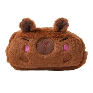 Adorable brown capybara plush pencil case with large capacity for school supplies