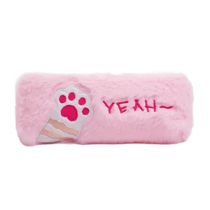 Cute pink plush pencil case featuring embroidered cat paw and YEAH text design