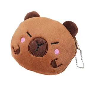 Cute cartoon Capybara plush coin purse with keychain hook and soft brown fabric texture