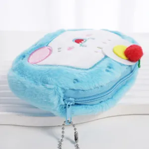 Vista laterale dettagliata di un simpatico portamonete in peluche blu con cerniera