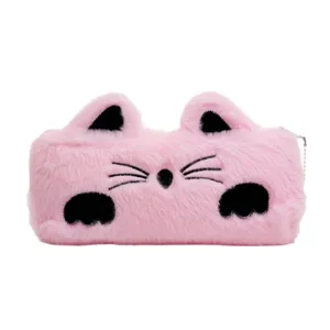 Cute pink cartoon cat plush pencil case made of soft faux rabbit fur for stationery storage