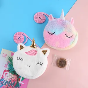 Borsa a Tracolla Rotonda in Peluche di Unicorno Creativa Piccola Portamonete da Ragazza in Peluche Corto Pochette da Trucco per Bambini Donna