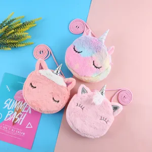 Adorabili borse a tracolla rotonde in peluche unicorno rosa e arcobaleno per ragazze