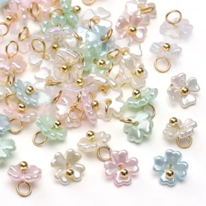 Assorted 7-8mm pearlescent 4-petal flower charms with gold rings for DIY jewelry making