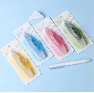 Detailed view of four colorful 8m correction tapes with replaceable cores and PET tape