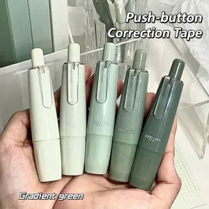 Minimalist set of 5 gradient green retractable correction tapes held in hand for students