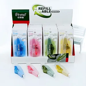 Refillable 8m correction tape set featuring colorful dispensers and bulk display box