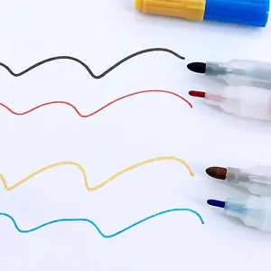 Close-up of four colorful watercolor markers showing smooth ink strokes on white paper