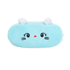 Schattig lichtblauw katten pluche etui met geborduurd gezicht en ritssluiting