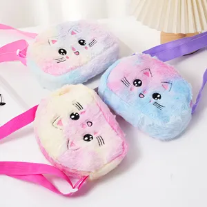 Sacs à bandoulière mignons en peluche chat pour filles aux couleurs dégradées arc-en-ciel