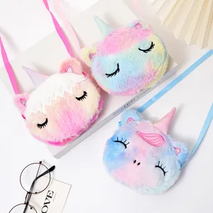 Borsa a tracolla tonda in peluche unicorno cartone animato per bambini con nastri colorati.