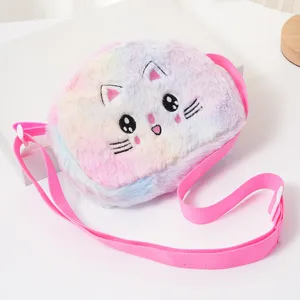 Sac à bandoulière chat en peluche pour filles avec fourrure arc-en-ciel rose