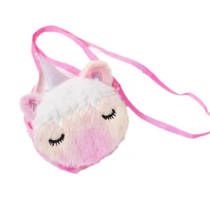 Adorabile borsa a tracolla rotonda in peluche a forma di unicorno con nastro rosa