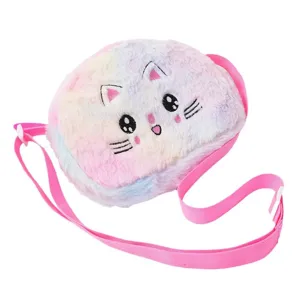 Sac à bandoulière chat en peluche pour filles avec dégradé pastel et sangle rose