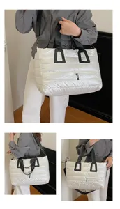 Multiple views of a white quilted puffer tote bag shown on model in casual indoor setting