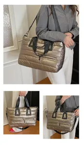 Large capacity quilted metallic puffer tote bag shown in multiple carrying styles
