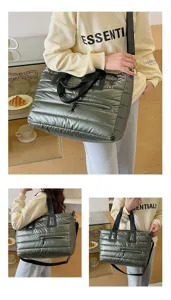 Detailed views of a metallic green quilted puffer tote bag for casual wear