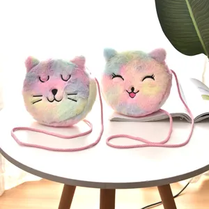 Creative Cartoon Animal Plush Crossbody Bag Rainbow Tie-Dye Faux Fur Coin Purse Round Mini Storage Bag For Kids Women Gifts