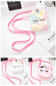Borse a tracolla unicorno in morbido peluche in stili arcobaleno, bianco e rosa per bambine