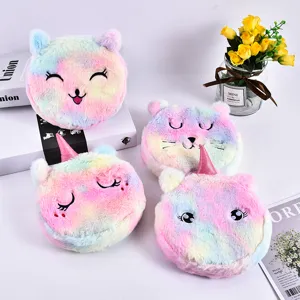 Set of four round rainbow plush cartoon coin purses with cute embroidered animal faces