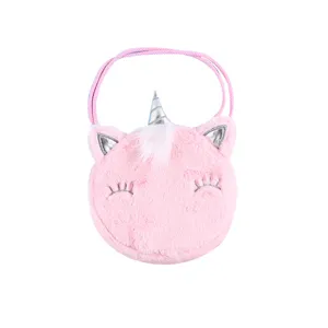 Simpatica borsa a tracolla rotonda in peluche rosa unicorno per bambine con corno argento